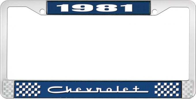 OER 1981 Chevrolet Style # Blue and Chrome License Plate Frame with White Lettering LF2238105B