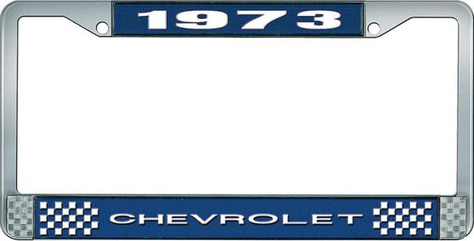 OER 1973 Chevrolet Style # 1 Blue and Chrome License Plate Frame with White Lettering LF2237301B