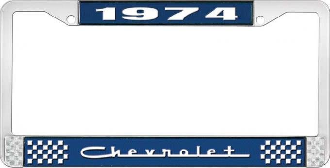 OER 1974 Chevrolet Style # 5 Blue and Chrome License Plate Frame with White Lettering LF2237405B