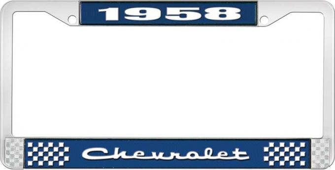 OER 1958 Chevrolet Style #2 Blue and Chrome License Plate Frame with White Lettering LF2235802B