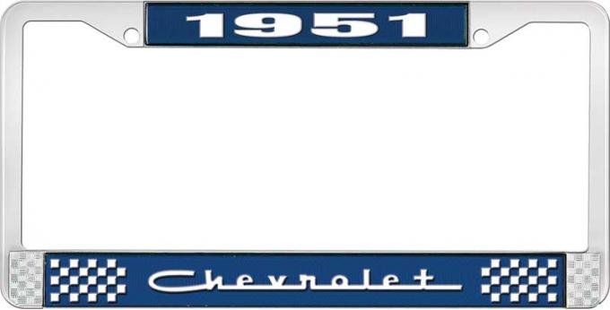 OER 1951 Chevrolet Style #5 Blue and Chrome License Plate Frame with White Lettering LF2235105B