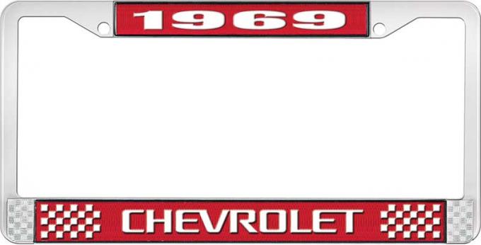 OER 1969 Chevrolet Style # 3 Red and Chrome License Plate Frame with White Lettering LF2236903C