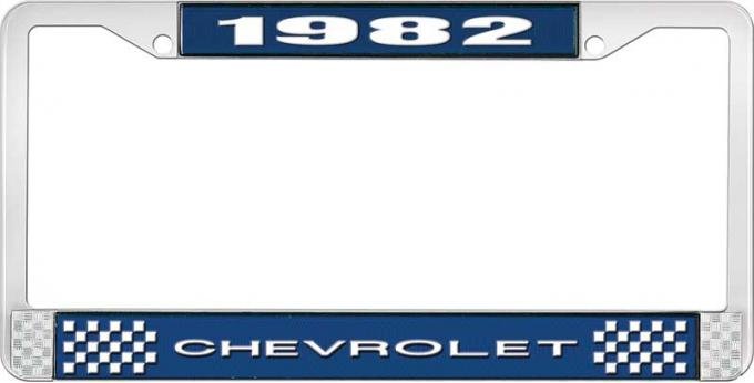 OER 1982 Chevrolet Style # 1 Blue and Chrome License Plate Frame with White Lettering LF2238201B
