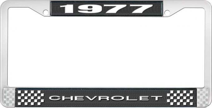 OER 1977 Chevrolet Style # 1 Black and Chrome License Plate Frame with White Lettering LF2237701A