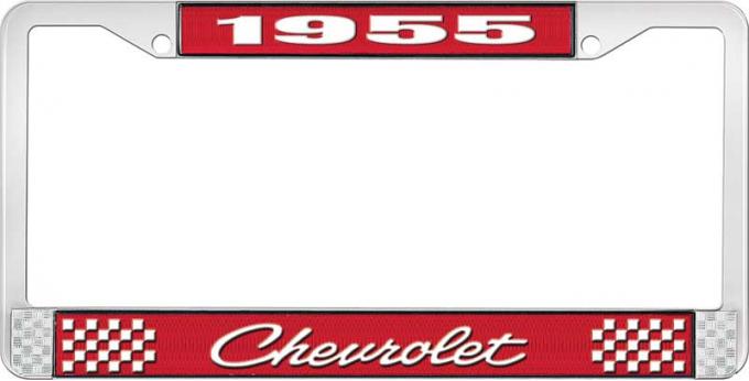 OER 1955 Chevrolet Style #4 Red and Chrome License Plate Frame with White Lettering LF2235504C