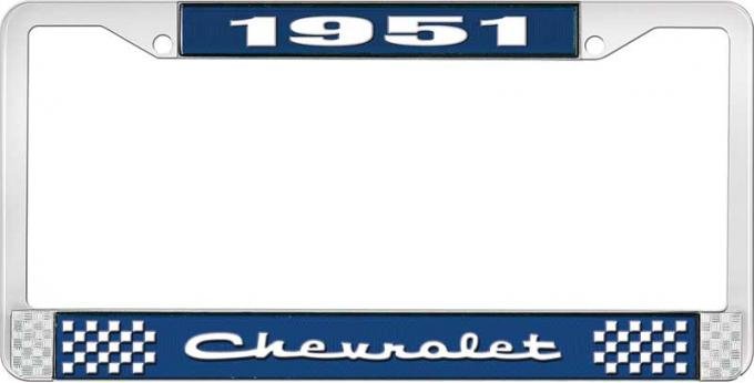 OER 1951 Chevrolet Style #2 Blue and Chrome License Plate Frame with White Lettering LF2235102B