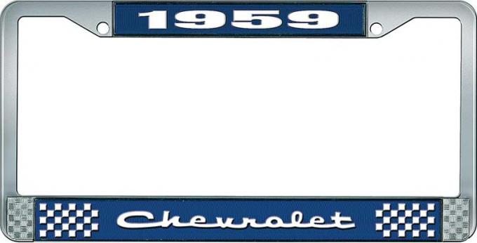 OER 1959 Chevrolet Style #2 Blue and Chrome License Plate Frame with White Lettering LF2235902B