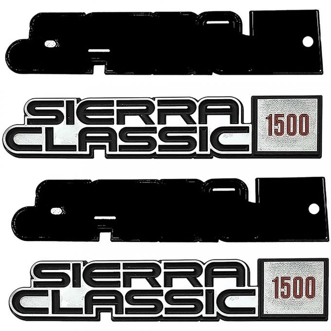 OER 1981-91 GMC Pickup, Jimmy, Suburban, "Sierra Classic 1500" Front Fender Emblems, with Hardware, Pair, GM Licensed *EM1709K