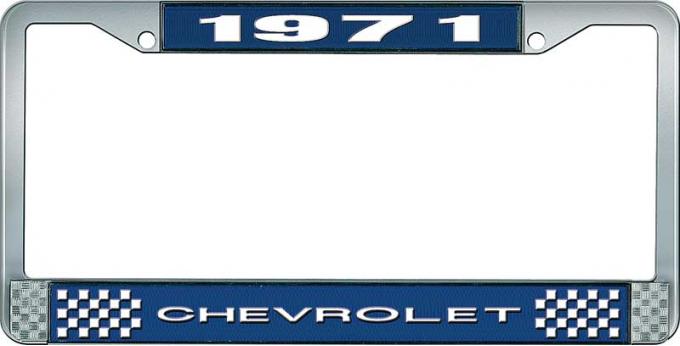OER 1971 Chevrolet Style # 1 Blue and Chrome License Plate Frame with White Lettering LF2237101B