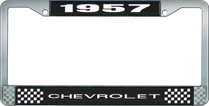 OER 1957 Chevrolet Style #1 Black and Chrome License Plate Frame with White Lettering LF2235701A