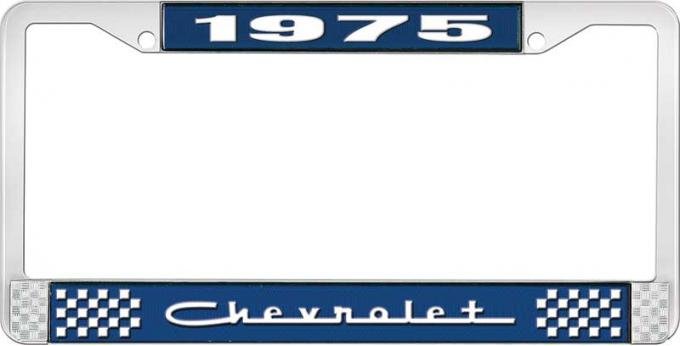 OER 1975 Chevrolet Style # 5 Blue and Chrome License Plate Frame with White Lettering LF2237505B
