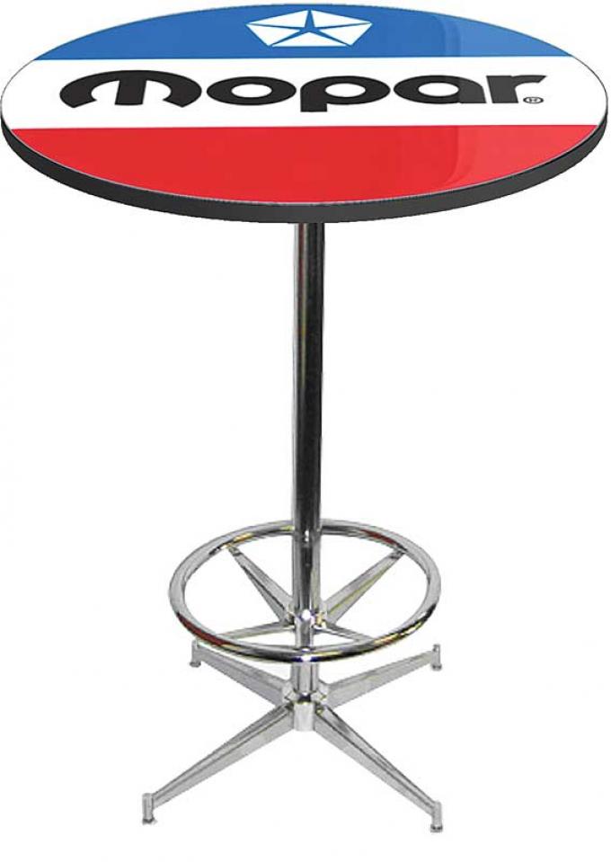 OER 1972-84 Style Red White And Blue Mopar Logo Pub Table With Chrome Base And Foot Rest MD673107