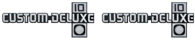 1981-87, Chevrolet Truck, "CUSTOM DELUXE 10" Fender Emblems, with Hardware, Pair