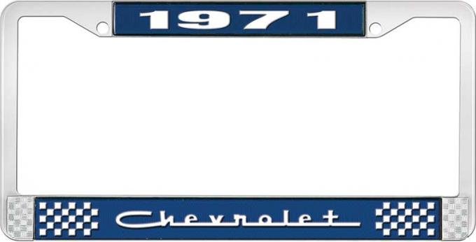 OER 1971 Chevrolet Style # 5 Blue and Chrome License Plate Frame with White Lettering LF2237105B