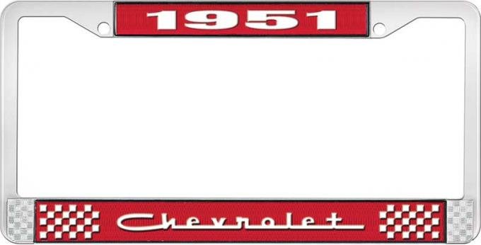OER 1951 Chevrolet Style #5 Red and Chrome License Plate Frame with White Lettering LF2235105C