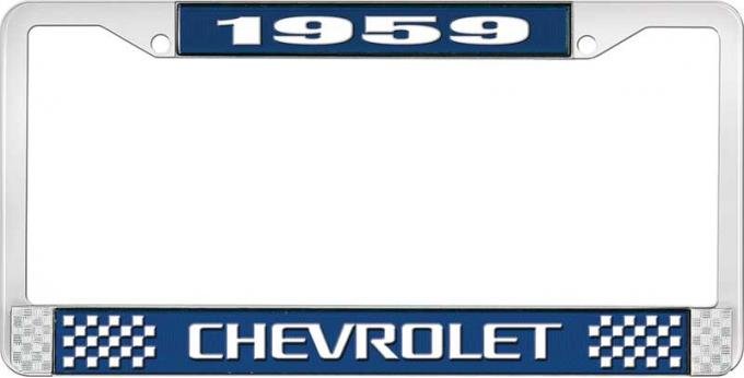 OER 1959 Chevrolet Style #3 Blue and Chrome License Plate Frame with White Lettering LF2235903B