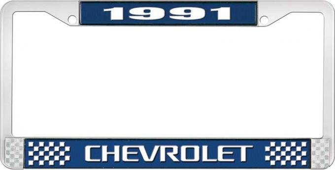 OER 1991 Chevrolet Style # 3 Blue and Chrome License Plate Frame with White Lettering LF2239103B