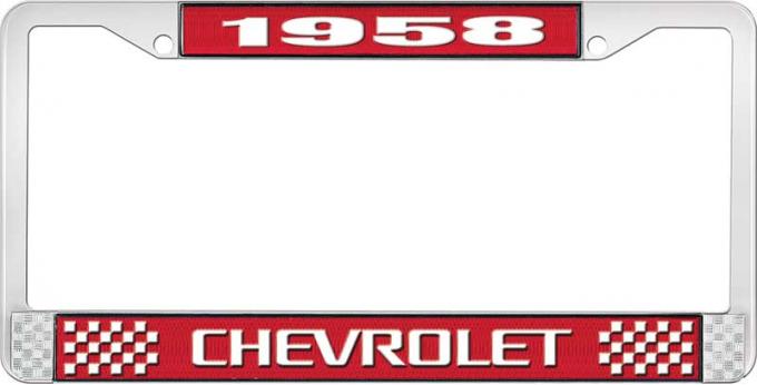 OER 1958 Chevrolet Style #3 Red and Chrome License Plate Frame with White Lettering LF2235803C