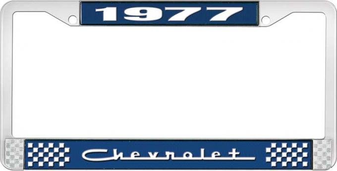 OER 1977 Chevrolet Style # 5 Blue and Chrome License Plate Frame with White Lettering LF2237705B