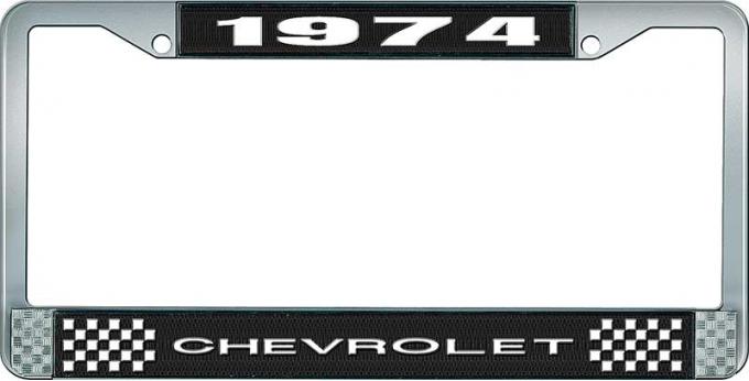 OER 1974 Chevrolet Style # 1 Black and Chrome License Plate Frame with White Lettering LF2237401A