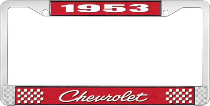 OER 1953 Chevrolet Style #4 Red and Chrome License Plate Frame with White Lettering LF2235304C