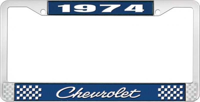 OER 1974 Chevrolet Style # 4 Blue and Chrome License Plate Frame with White Lettering LF2237404B