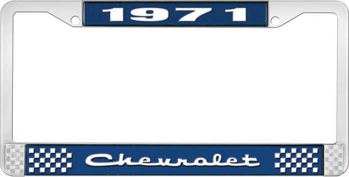 OER 1971 Chevrolet Style # 2 Blue and Chrome License Plate Frame with White Lettering LF2237102B
