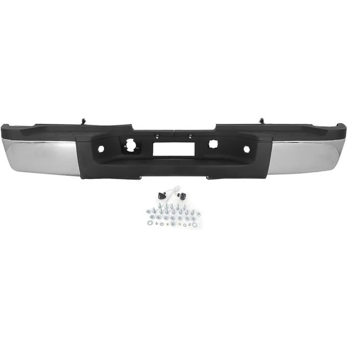 OER 2011-14 Silverado, Sierra 3500 GMT900 Dual Rear Wheel Models, Rear Step Bumper Assembly, For Models Without Rear Object Sensor or Parking Assist, With Brackets, Hardware, Chrome Endcaps T71296