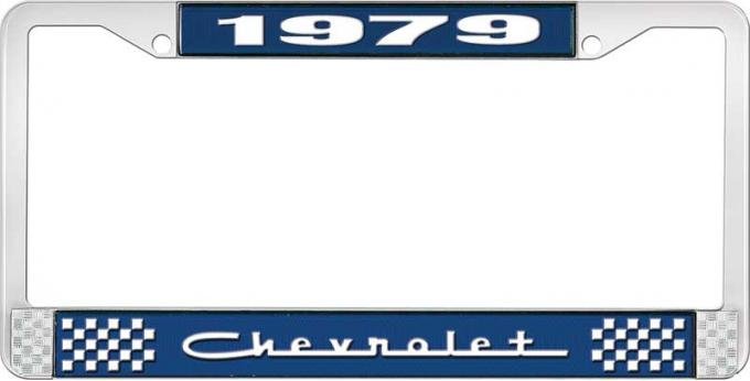 OER 1979 Chevrolet Style # 5 Blue and Chrome License Plate Frame with White Lettering LF2237905B