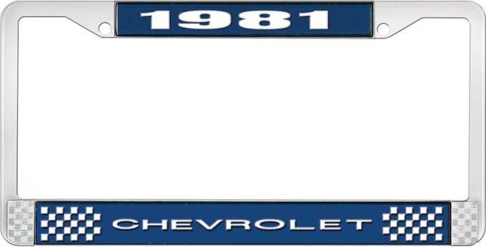OER 1981 Chevrolet Style # 1 Blue and Chrome License Plate Frame with White Lettering LF2238101B