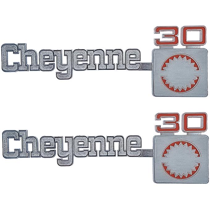 1975-80, Chevrolet Truck, "Cheyenne 30", Front, Fender Emblem, with Hardware, Pair, GM Licensed