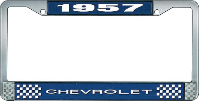 OER 1957 Chevrolet Style #1 Blue and Chrome License Plate Frame with White Lettering LF2235701B