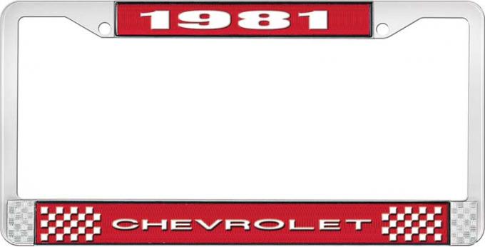 OER 1981 Chevrolet Style # 1 Red and Chrome License Plate Frame with White Lettering LF2238101C