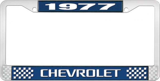 OER 1977 Chevrolet Style # 3 Blue and Chrome License Plate Frame with White Lettering LF2237703B