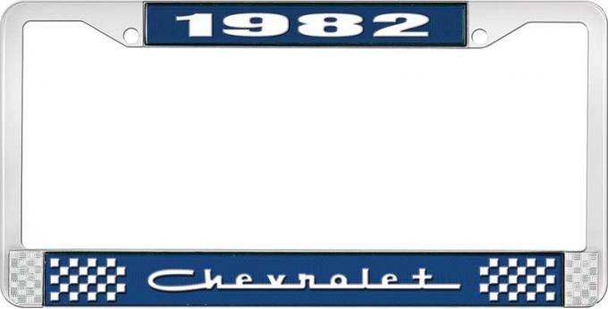 OER 1982 Chevrolet Style # 5 Blue and Chrome License Plate Frame with White Lettering LF2238205B