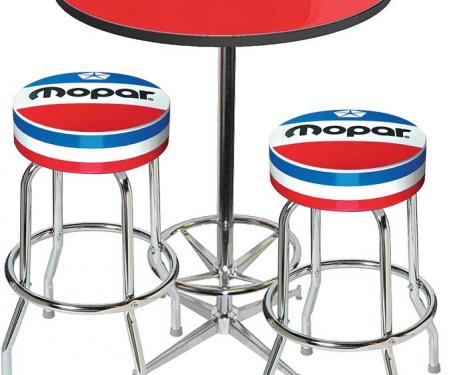 OER Mopar Logo Pub Table & Stool Set - Chrome Based Table With Foot Rest & 2 Chrome Stools, Style 7 *MD67707