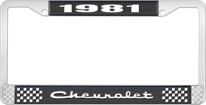 OER 1981 Chevrolet Style # 2 Black and Chrome License Plate Frame with White Lettering LF2238102A