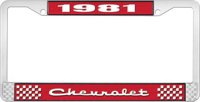 OER 1981 Chevrolet Style # 2 Red and Chrome License Plate Frame with White Lettering LF2238102C