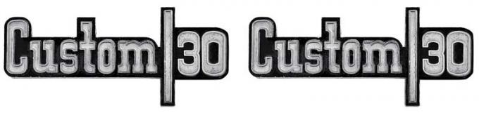 OER 1973-76, Chevy Pickup, "CUSTOM 30", Front Fender Emblems, with Hardware, Pair, GM Licensed *157519