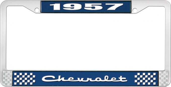 OER 1957 Chevrolet Style #2 Blue and Chrome License Plate Frame with White Lettering LF2235702B