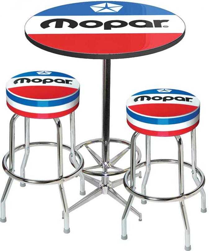 OER Mopar Logo Pub Table & Stool Set - Chrome Based Table With Foot Rest & 2 Chrome Stools, Style 7 *MD67707