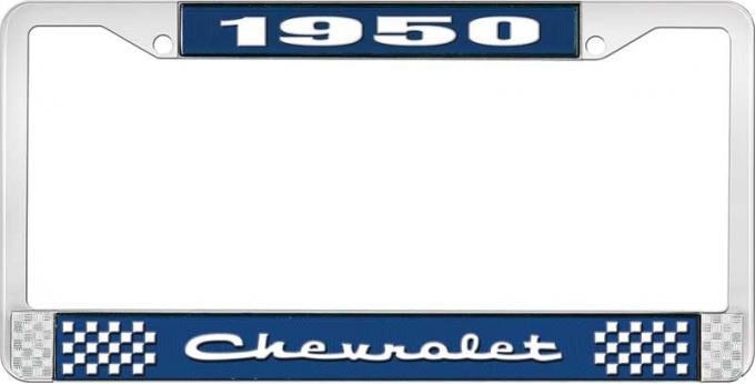 OER 1950 Chevrolet Style #2 Blue and Chrome License Plate Frame with White Lettering LF2235002B