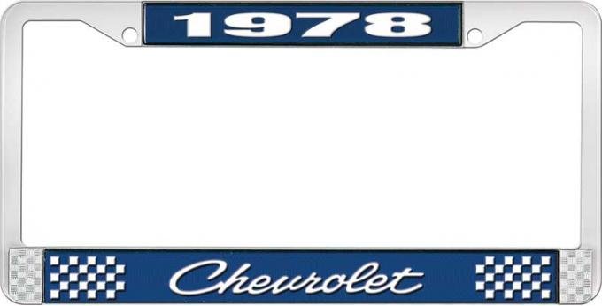 OER 1978 Chevrolet Style # 4 Blue and Chrome License Plate Frame with White Lettering LF2237804B