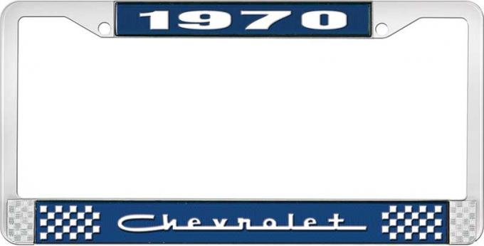OER 1970 Chevrolet Style # 5 Blue and Chrome License Plate Frame with White Lettering LF2237005B