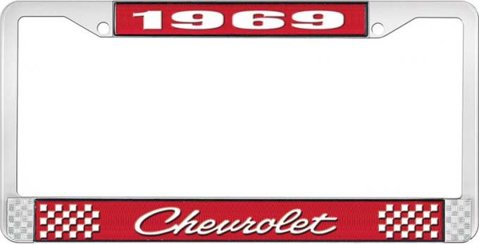 OER 1969 Chevrolet Style # 4 Red and Chrome License Plate Frame with White Lettering LF2236904C