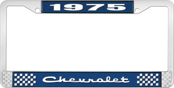 OER 1975 Chevrolet Style # 2 Blue and Chrome License Plate Frame with White Lettering LF2237502B